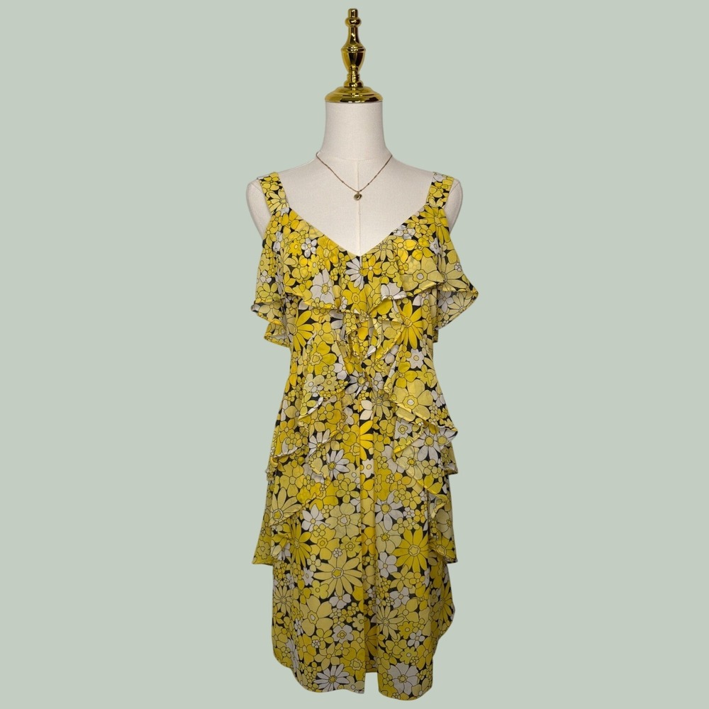 michael kors yellow white black floral ruffle layered mini dress coquette chic‎